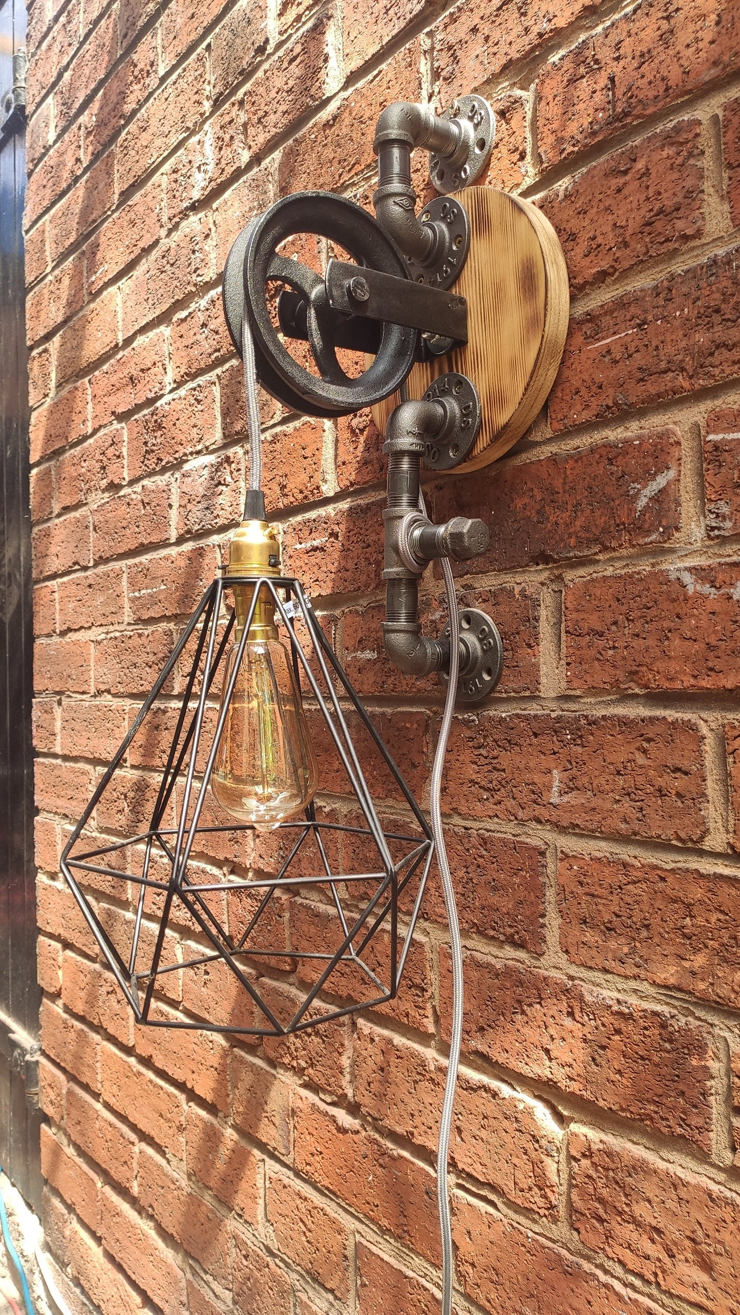 Vintage Industrial Steampunk Hanging Lamp with Red Shades and Pulley Wheel - Handmade Retro Lighting Fixture with Vintage Look