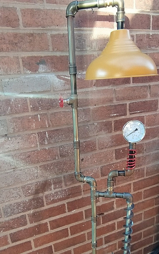Retro Industrial Steampunk Floor Lamp with Yellow Shade - Handmade Vintage Metal Pipe Lighting for Home or Workspace