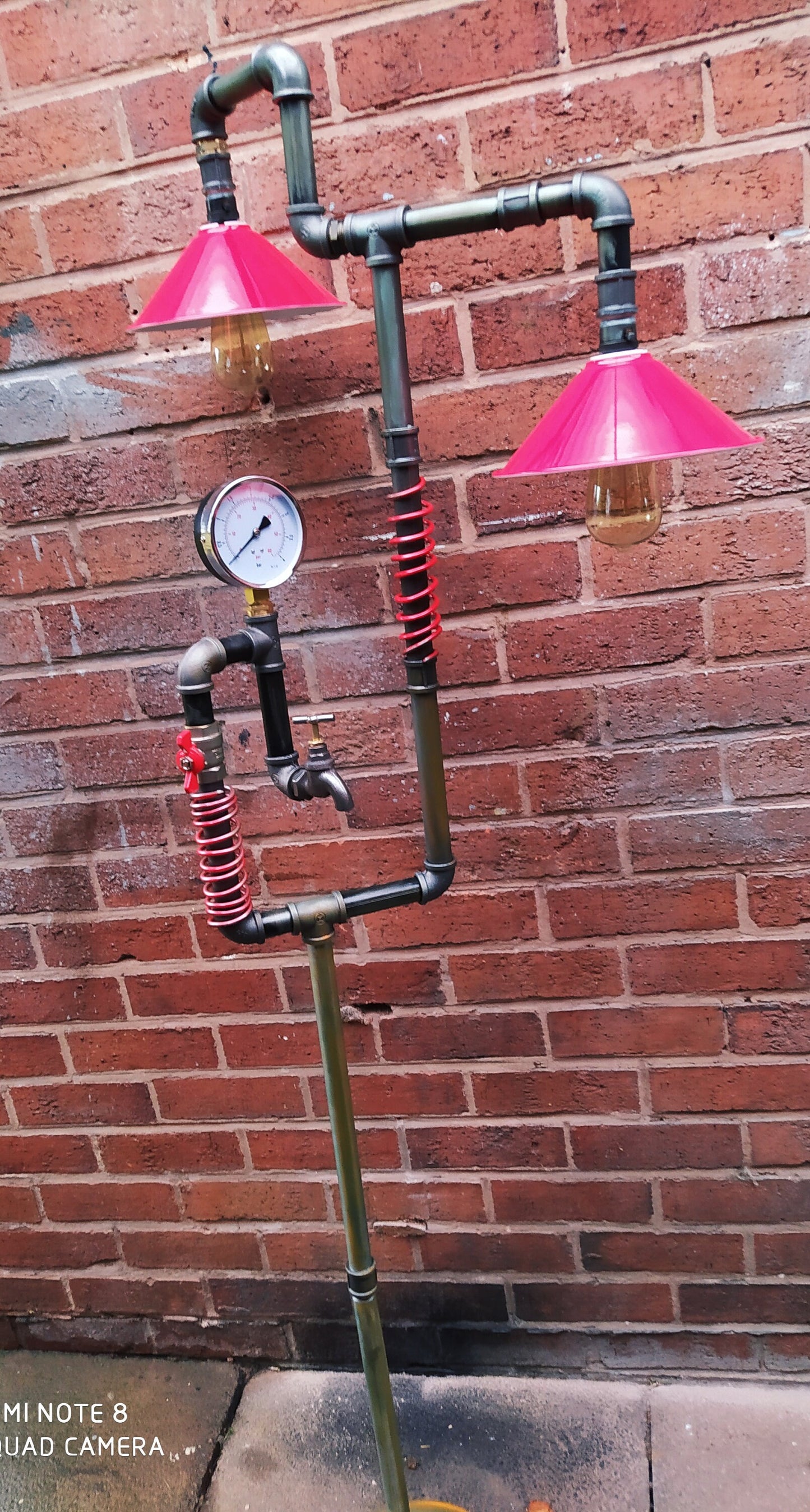 Retro Industrial Pipe Floor Lamp with Red Lampshade - Handmade Vintage Steampunk Lighting Device