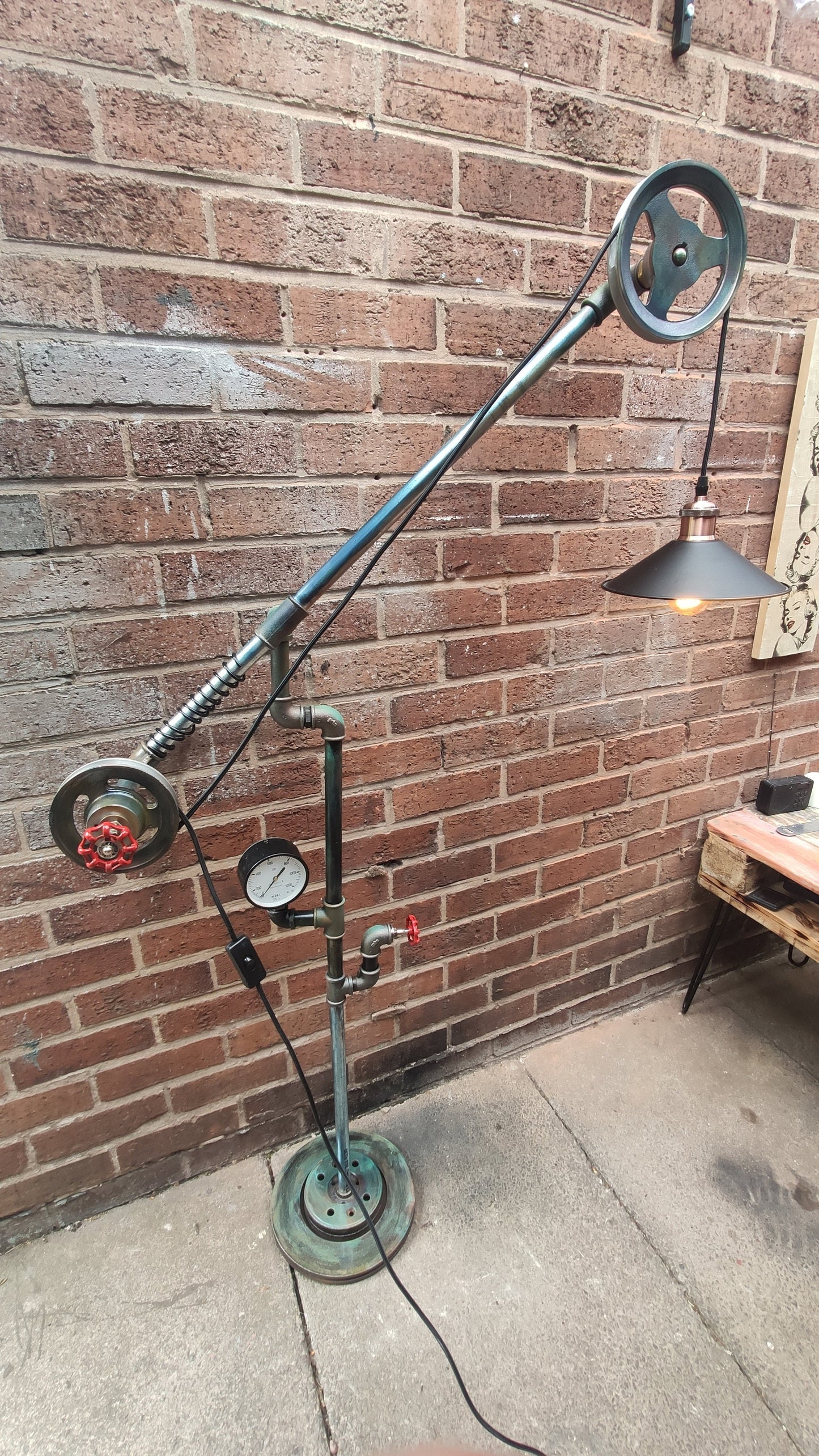 Vintage Industrial Steampunk Floor Lamp with Red Lampshades - Handmade Retro Pipe Pulley Wheel Lighting Fixture - Metal Iron Material