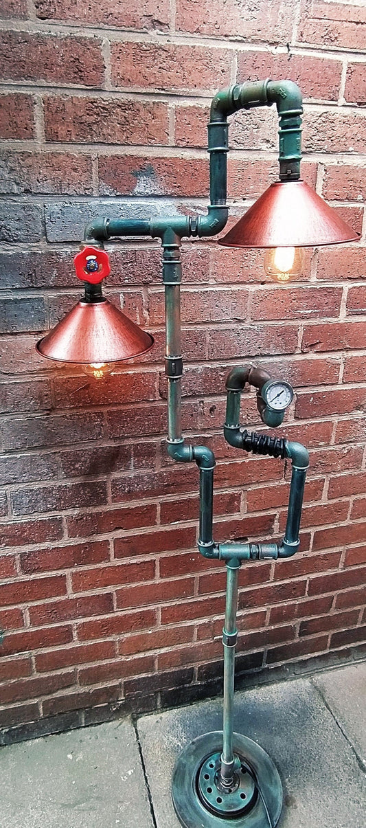 Retro Industrial Steampunk Vintage Floor Lamp with Red Shades - Handcrafted Metal Pipe Design, Includes Antique Bulbs and Lamp Switch