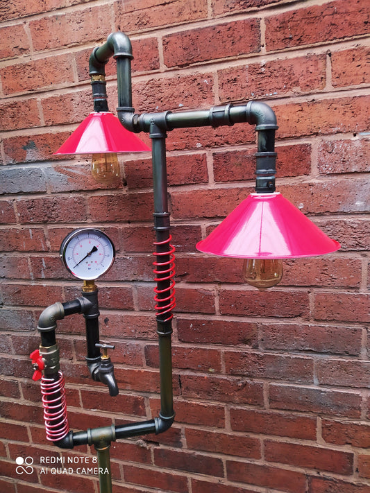 Retro Industrial Pipe Floor Lamp with Red Lampshade - Handmade Vintage Steampunk Lighting Device