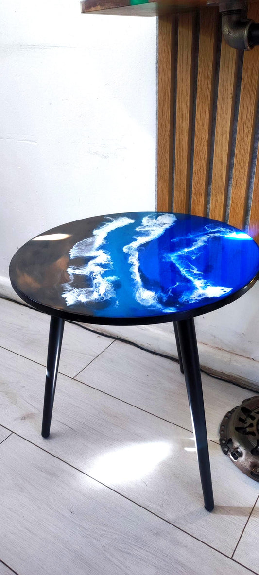 Handcrafted Resin Coffee Table with Sea Art Inspiration on Metal Legs - Retro Coastal Bedside Table with Natural Sand Art Detail