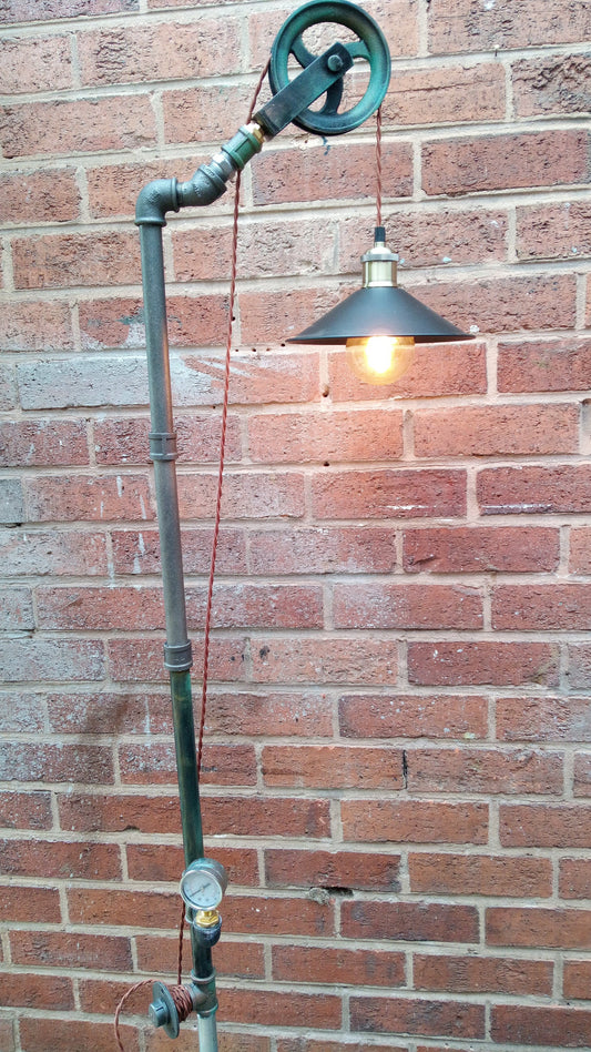 Retro Industrial Steampunk Pipe Floor Lamp with Yellow Lampshade - Handmade Vintage Lighting Fixture for Home or Office