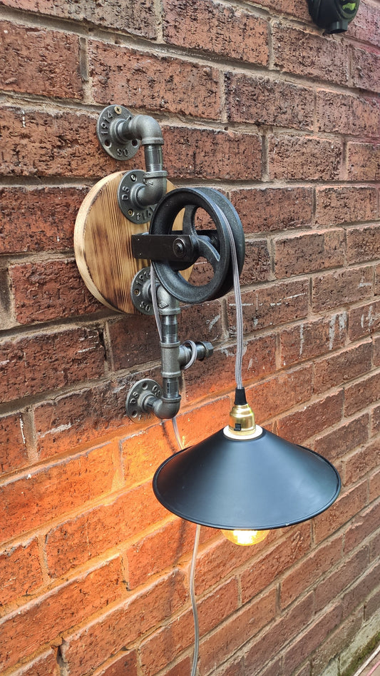 Vintage Industrial Steampunk Hanging Lamp with Red Shades and Pulley Wheel - Handmade Retro Lighting Fixture with Vintage Look