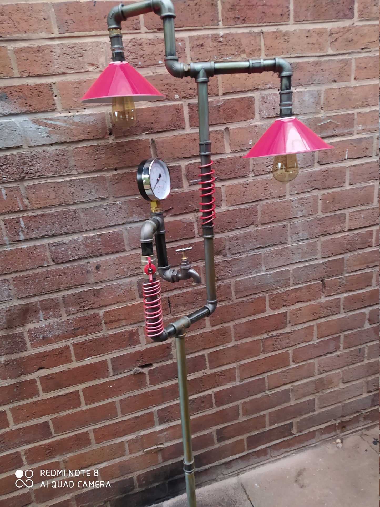 Retro Industrial Pipe Floor Lamp with Red Lampshade - Handmade Vintage Steampunk Lighting Device