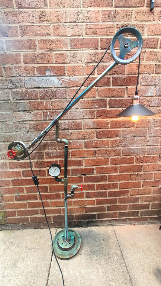 Vintage Industrial Steampunk Floor Lamp with Red Lampshades - Handmade Retro Pipe Pulley Wheel Lighting Fixture - Metal Iron Material