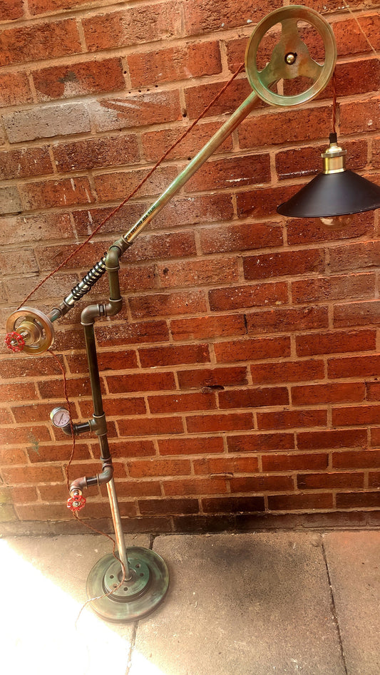 Handmade Retro Industrial Steampunk Vintage Floor Lamp with Red Lampshades & Patina Finish