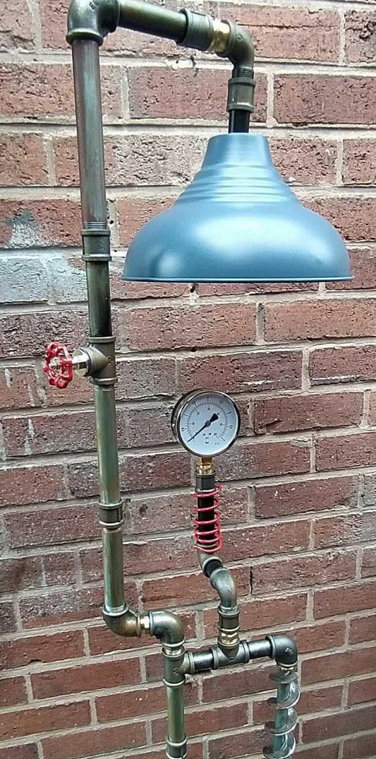 Retro Industrial Steampunk Pipe Floor Lamp with Blue Lampshade - Handmade Metal Vintage Lighting for Home or Workspace