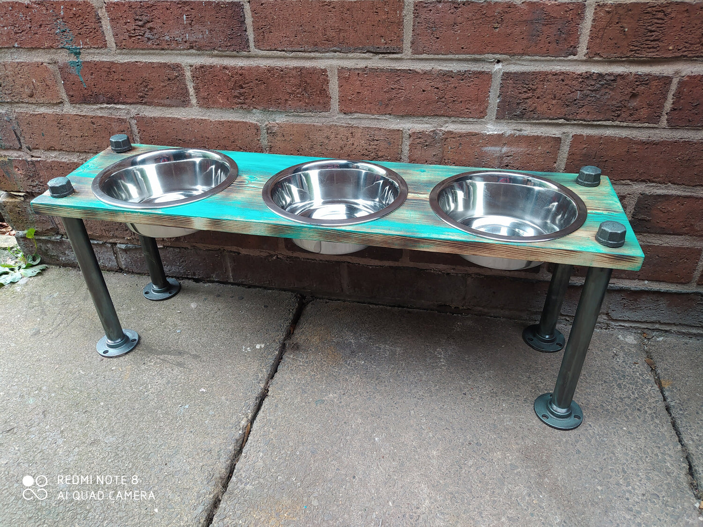 Handmade Industrial 3 Bowl Dog Feeder with Personalization Option