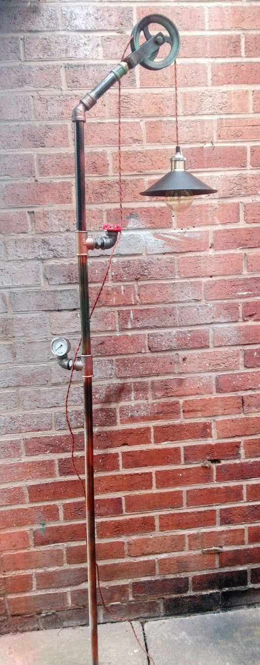 Handmade Industrial Vintage Steampunk Floor Lamp with Yellow Lampshade - Retro Pipe Design with Patina Finish - Edison Bulbs Included