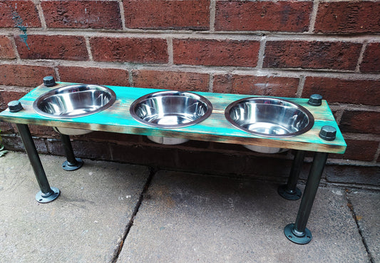 Handmade Industrial 3 Bowl Dog Feeder with Personalization Option