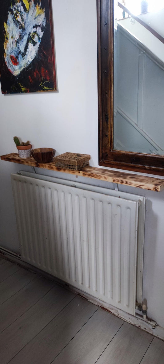 Quirky Industrial Radiator Table with Burned Pine Wood Console Top - No Drilling Needed, Custom Sizes Available