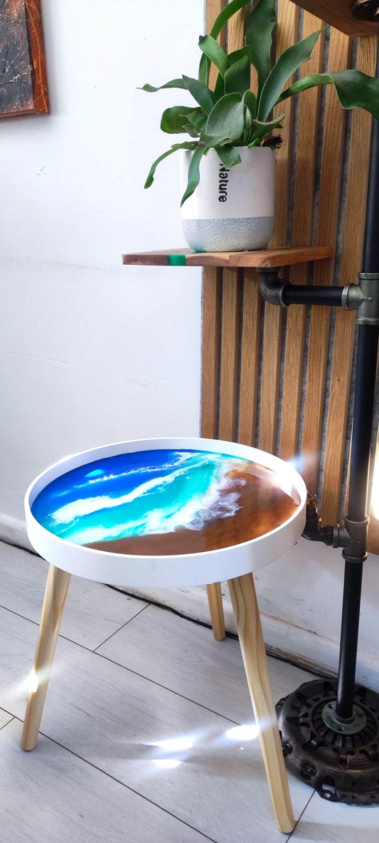 Resin Coffee Table with Sea Art Inspiration and Natural Sand Accents | Retro Side Table with Contemporary Design