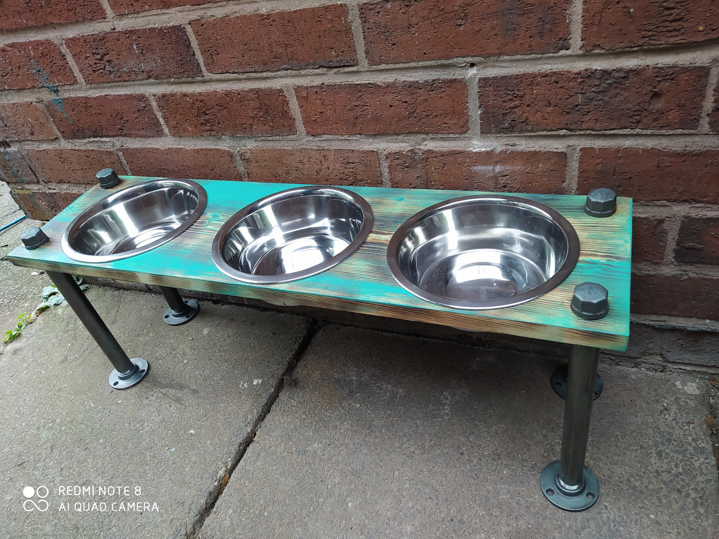 Handmade Industrial 3 Bowl Dog Feeder with Personalization Option
