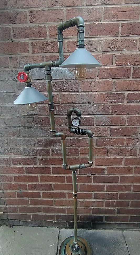 Retro Industrial Steampunk Vintage Iron Floor Lamp with Patina Finish and Edison Bulbs - Handmade Statement Piece for Home or Workspace