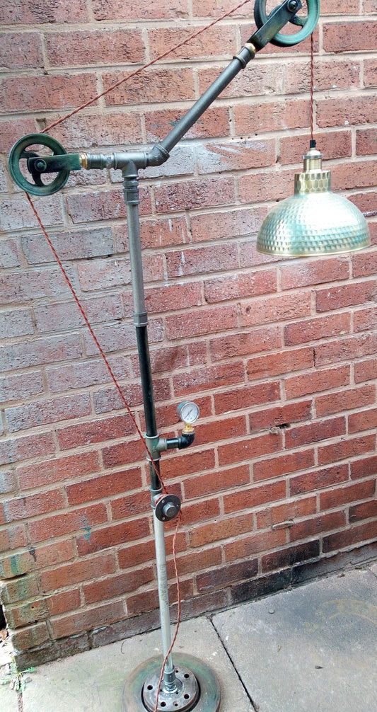 Vintage Industrial Steampunk Floor Lamp with Yellow Lampshade and Patina Finish - Handmade Iron Lighting Fixture for Home or Office
