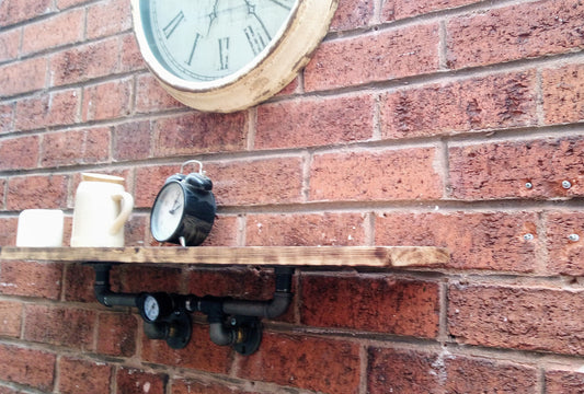 Industrial Steampunk Burnt Wood Pipe Shelf - Retro Design with Malleable Steel Fittings and Wax Oil Finish