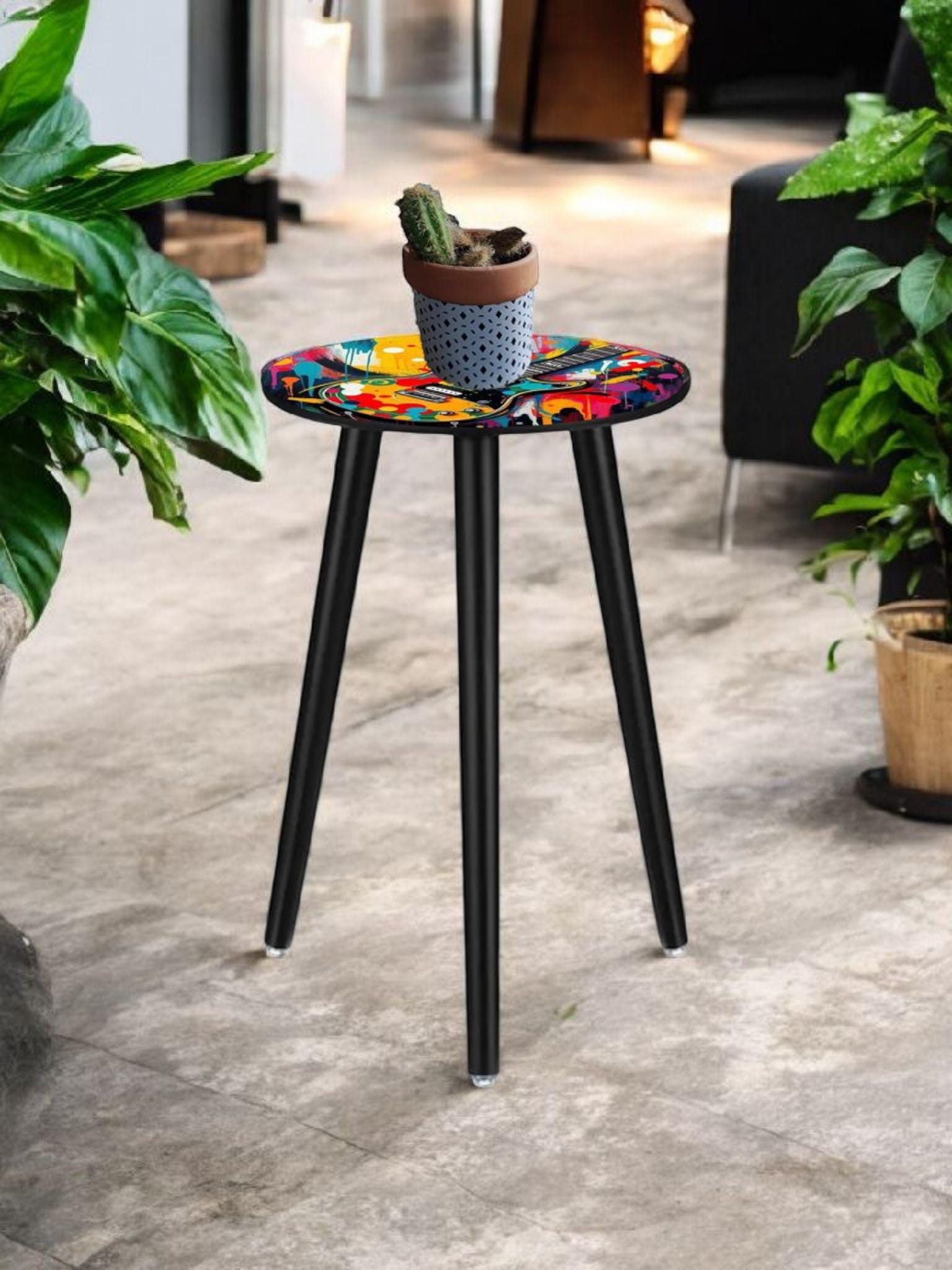 Retro Planter Table with Custom Design - High-Quality Wood Stand, Water-Resistant Paint, Unique Home Decor