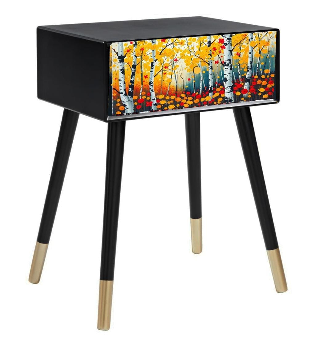 Vintage Style Bedside Table with Custom Design Front | Retro MDF Wood Nightstand | Hand-Painted Home Decor Accent