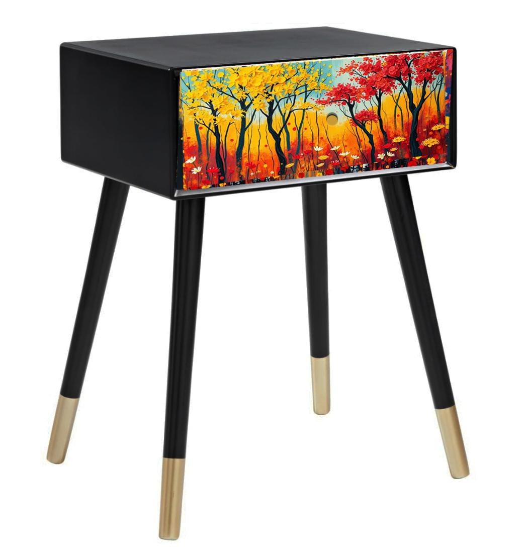 Vintage Style Bedside Table with Custom Design Front | Retro MDF Wood Nightstand | Hand-Painted Home Decor Accent