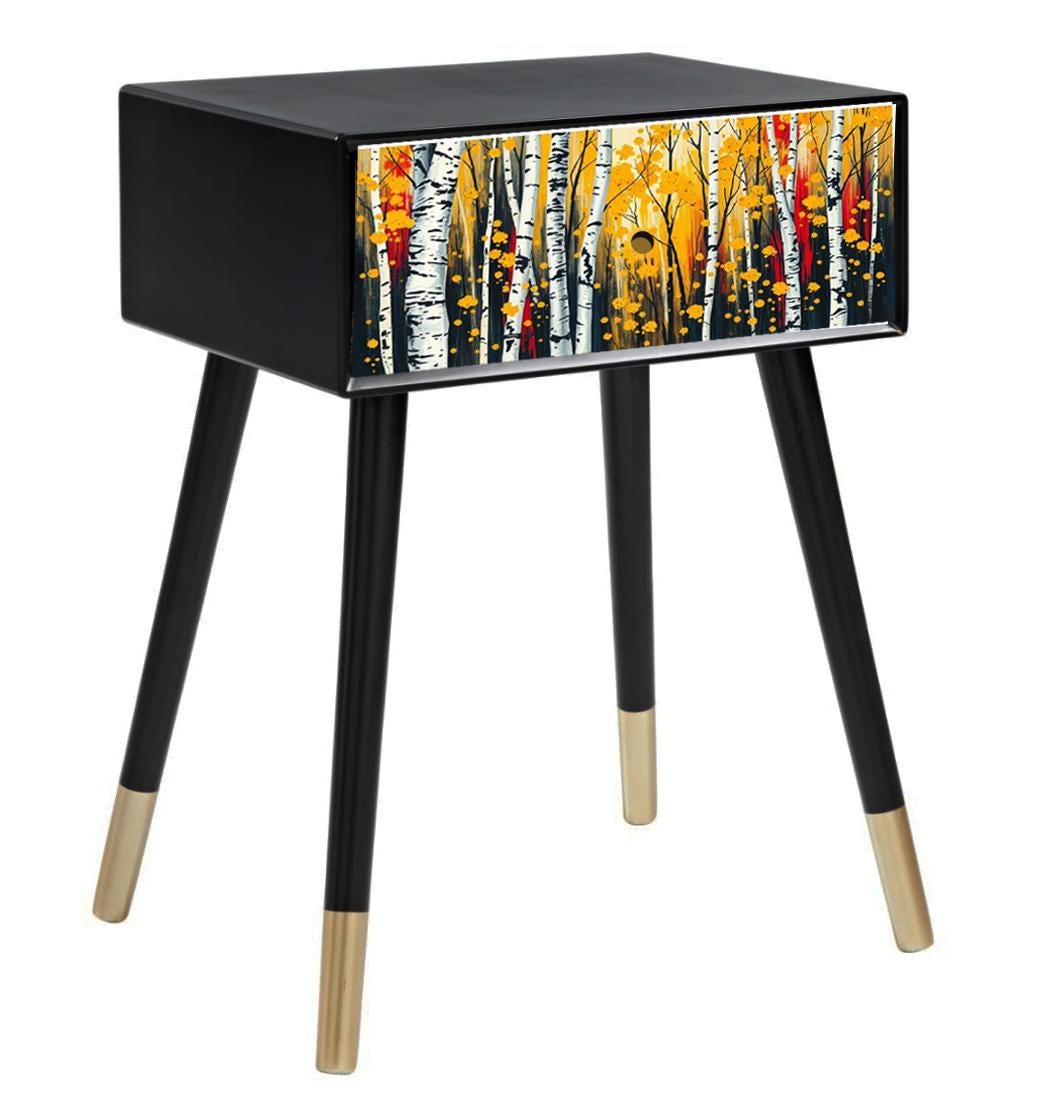 Vintage Style Bedside Table with Custom Design Front | Retro MDF Wood Nightstand | Hand-Painted Home Decor Accent