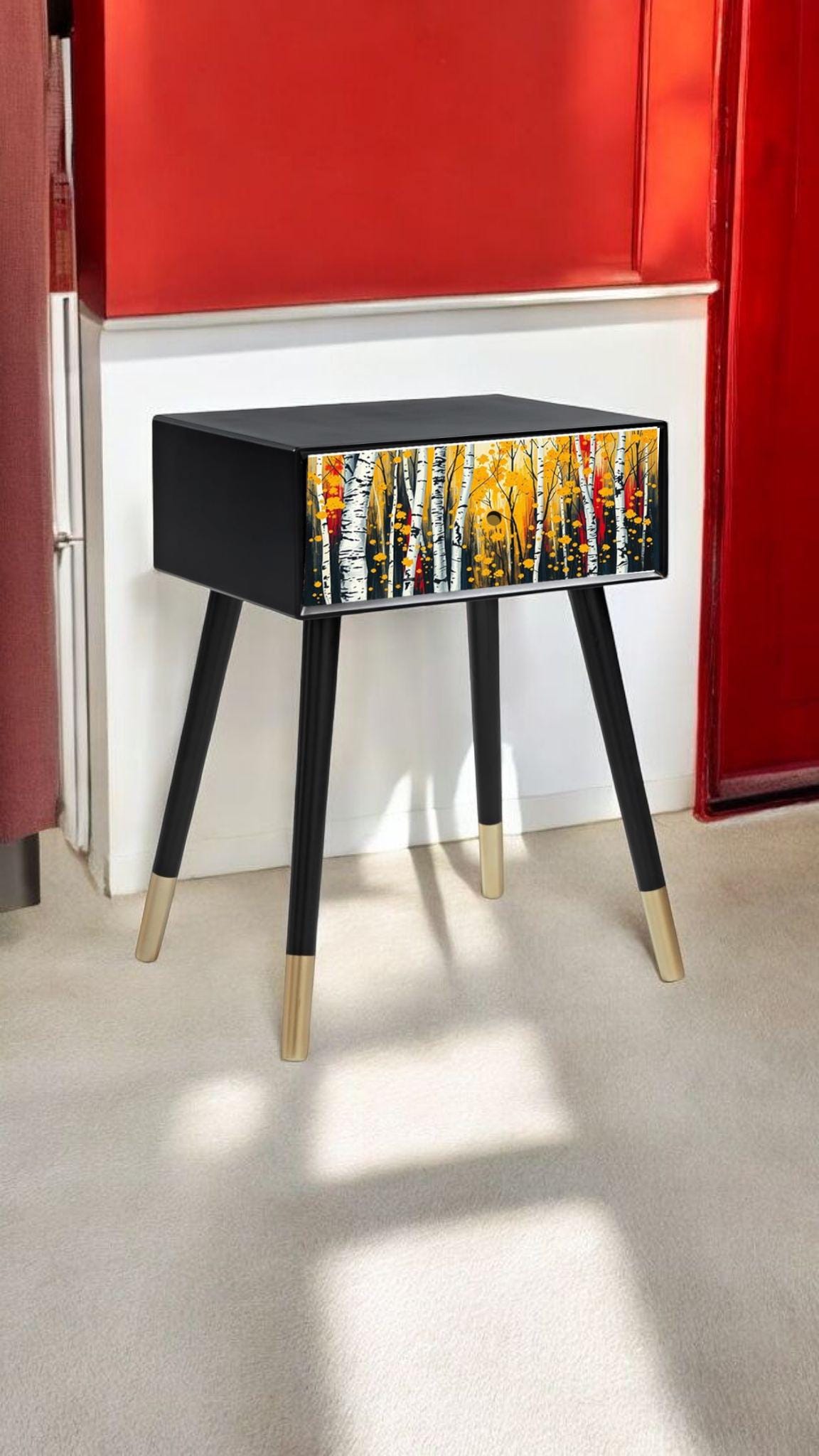 Vintage Style Bedside Table with Custom Design Front | Retro MDF Wood Nightstand | Hand-Painted Home Decor Accent