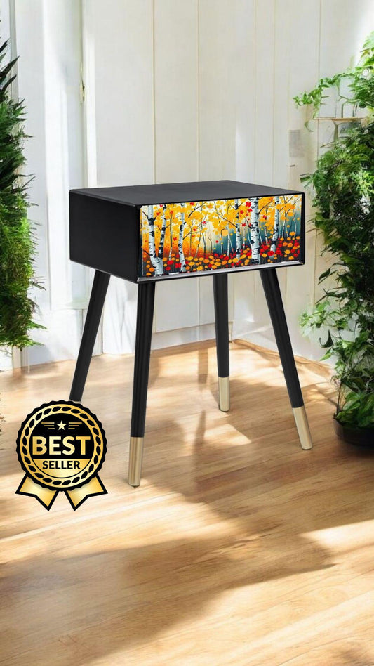 Vintage Style Bedside Table with Custom Design Front | Retro MDF Wood Nightstand | Hand-Painted Home Decor Accent