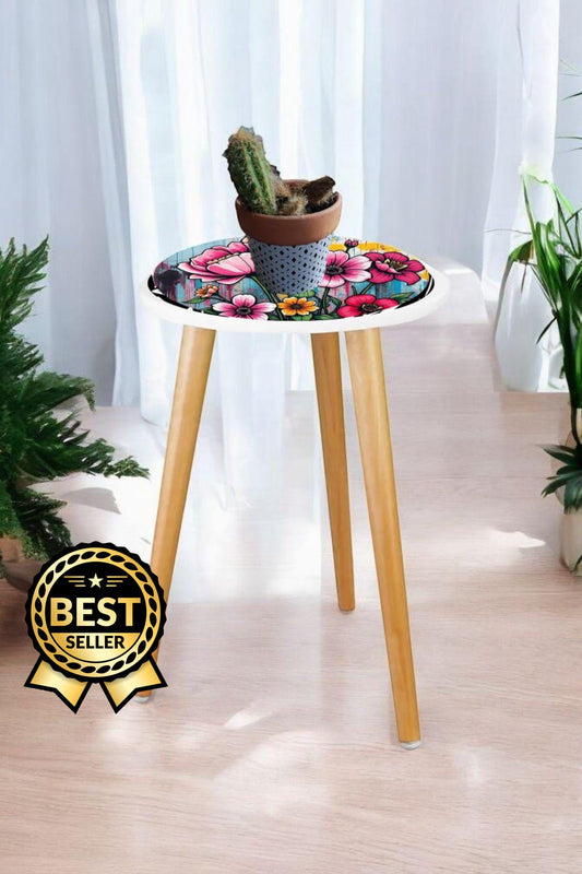 Retro Planter Table with Custom Design - High-Quality Wood Stand, Water-Resistant Paint, Unique Home Decor