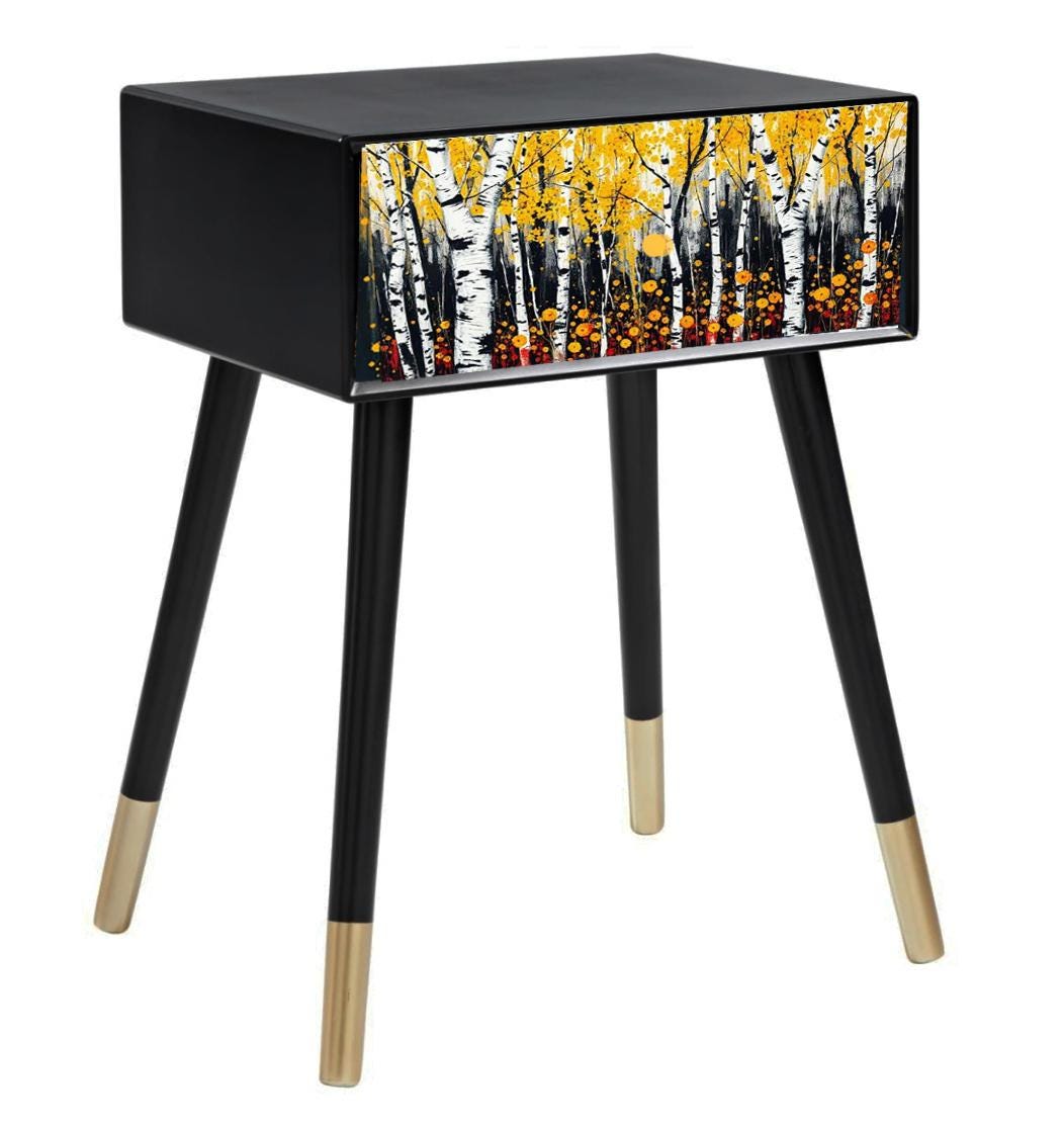Vintage Style Bedside Table with Custom Design Front | Retro MDF Wood Nightstand | Hand-Painted Home Decor Accent