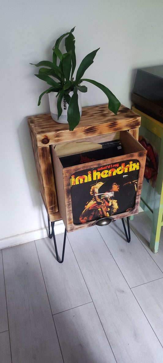 Vinyl Record Stand with Storage and Shelf - Handmade Burned Wood Design with Presentation Window - Custom Leg Color Options