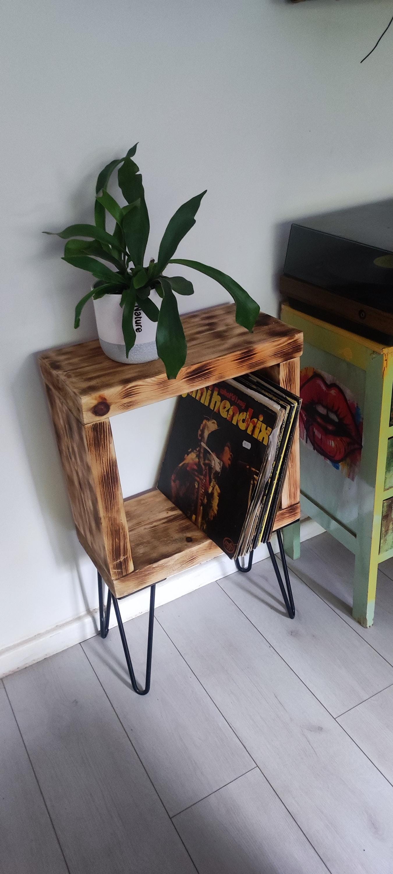 Vinyl Record Stand with Storage, Shelf, and Presentation Window - Customizable Legs - Burned Wood Design - Unique Gift for Collectors
