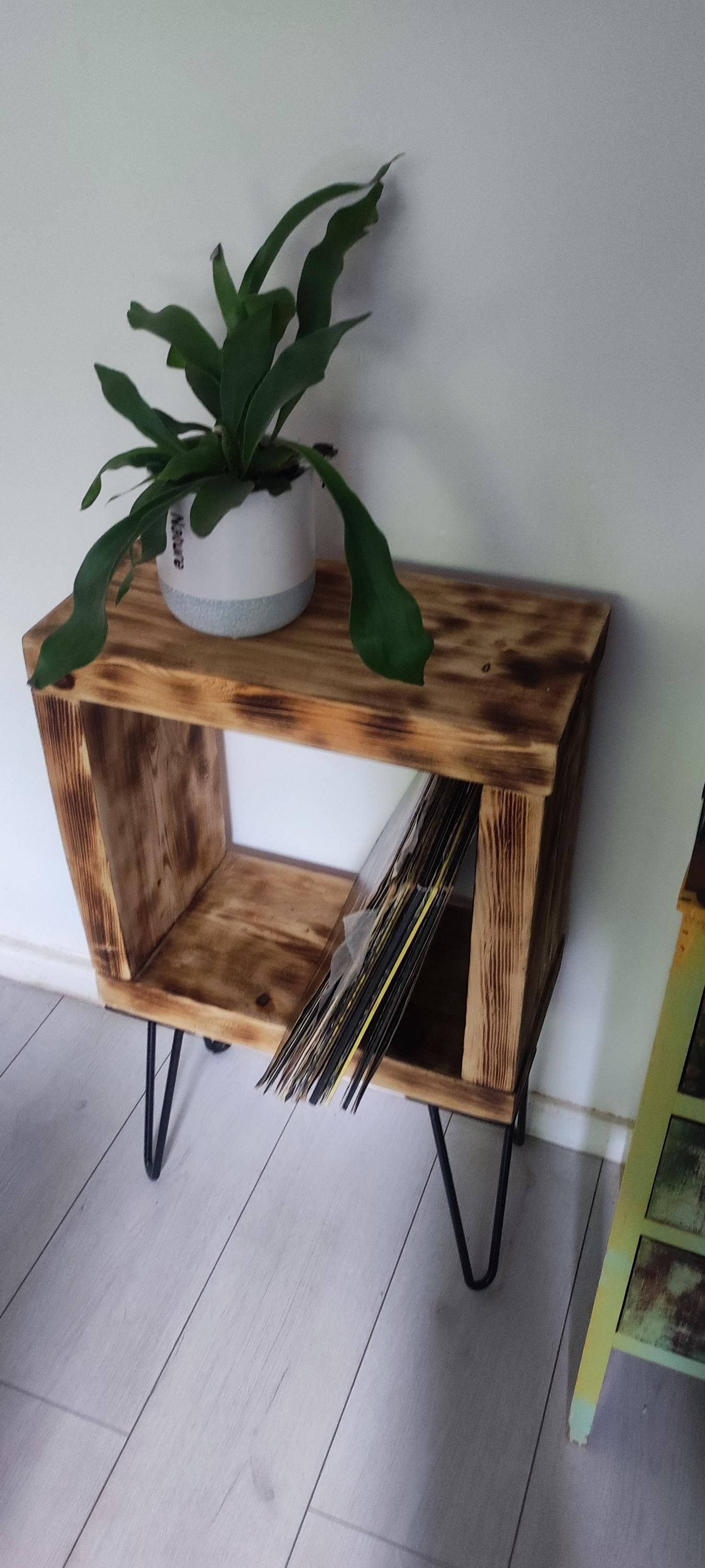 Vinyl Record Stand with Storage, Shelf, and Presentation Window - Customizable Legs - Burned Wood Design - Unique Gift for Collectors