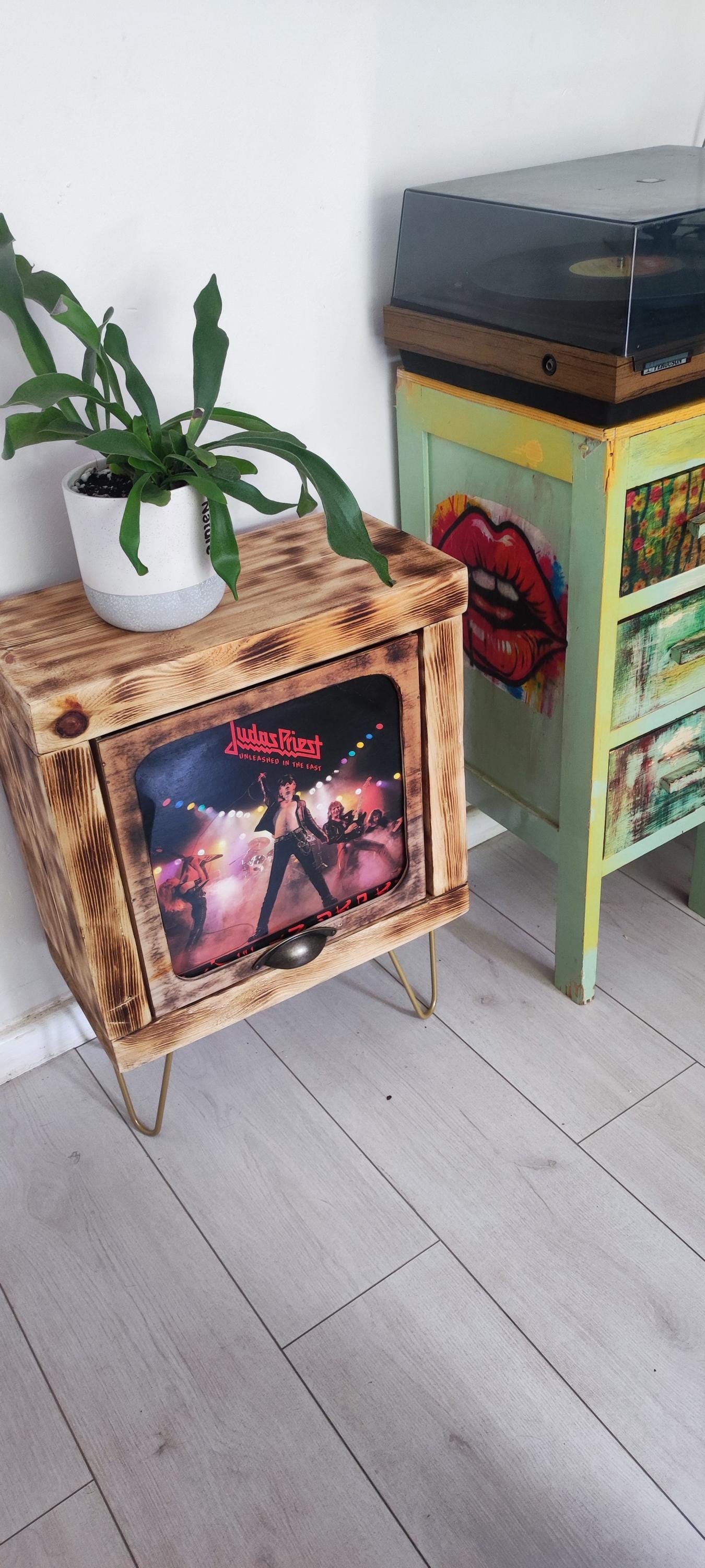 Rustic Record Stand with Storage & Shelf - Handmade Vinyl Holder w/ Presentation Window - Custom Leg Size and Color Choices