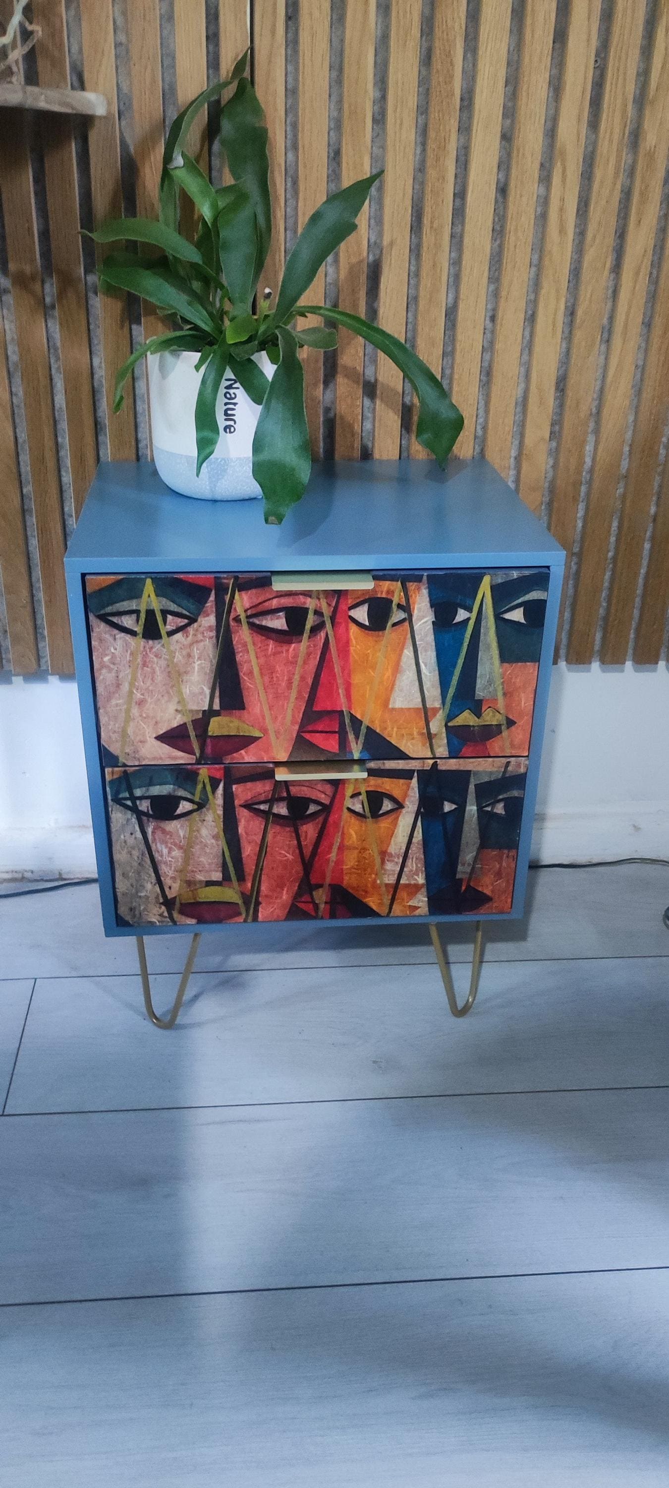Retro Custom Bedside Table with Embossed Drawers & Gold Legs - Transform Your Bedroom Decor!