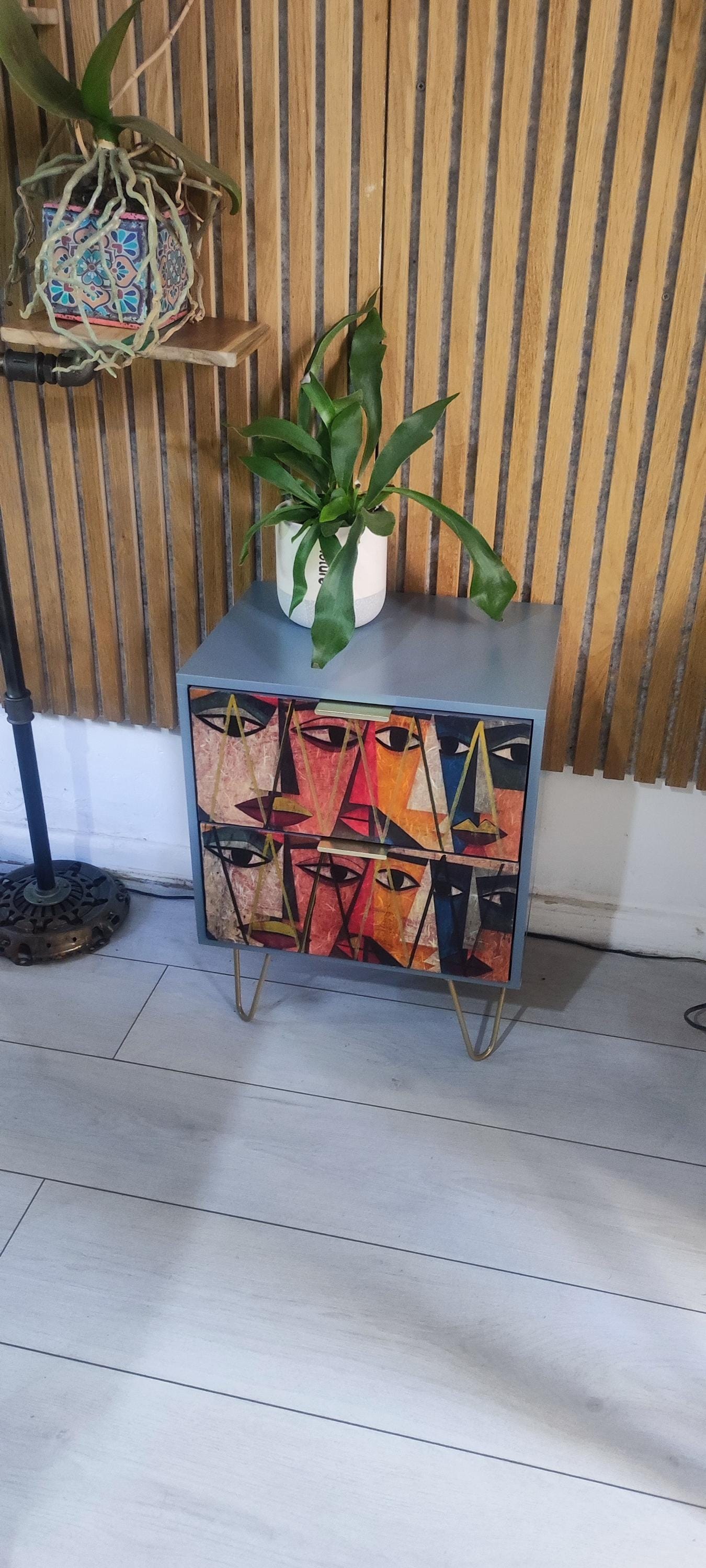 Retro Custom Bedside Table with Embossed Drawers & Gold Legs - Transform Your Bedroom Decor!
