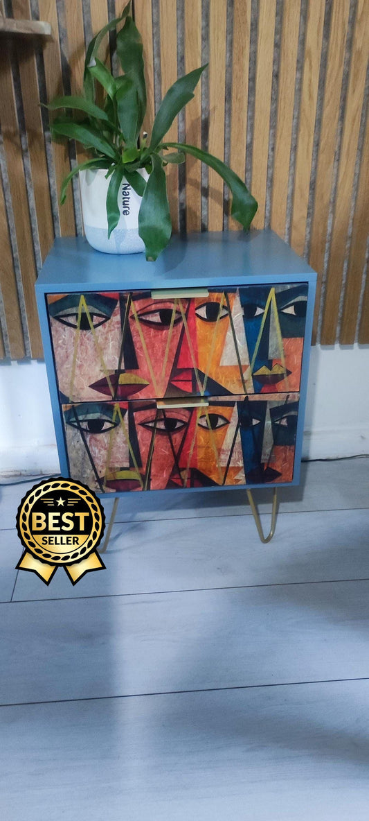 Retro Custom Bedside Table with Embossed Drawers & Gold Legs - Transform Your Bedroom Decor!