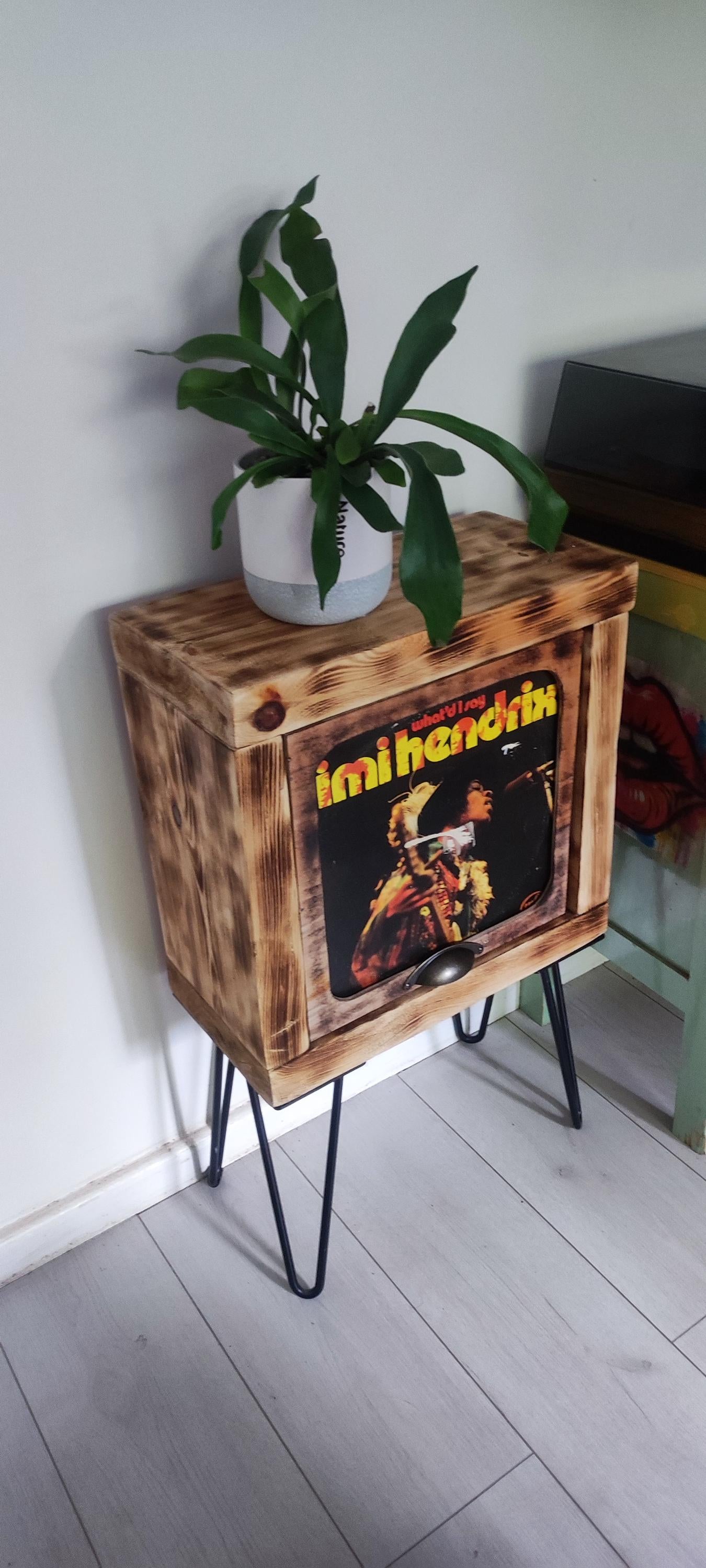 Vinyl Record Stand with Storage and Shelf - Handmade Burned Wood Design with Presentation Window - Custom Leg Color Options