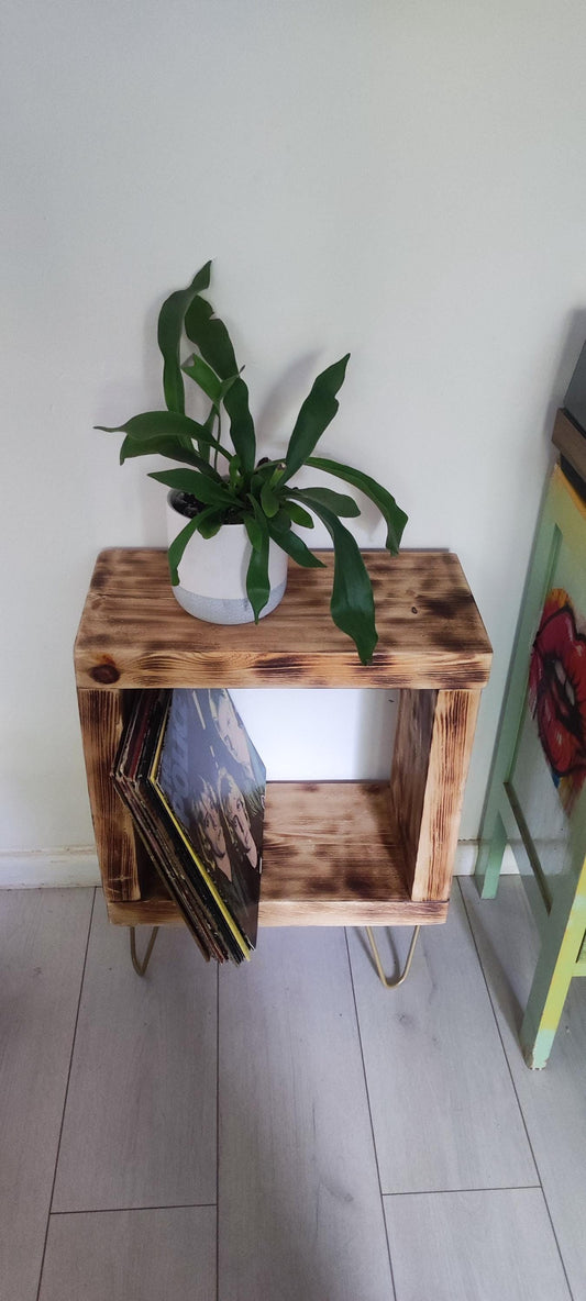 Vinyl Record Stand with Storage, Shelf, and Presentation Window - Customizable Legs - Burned Wood Design - Unique Gift for Collectors