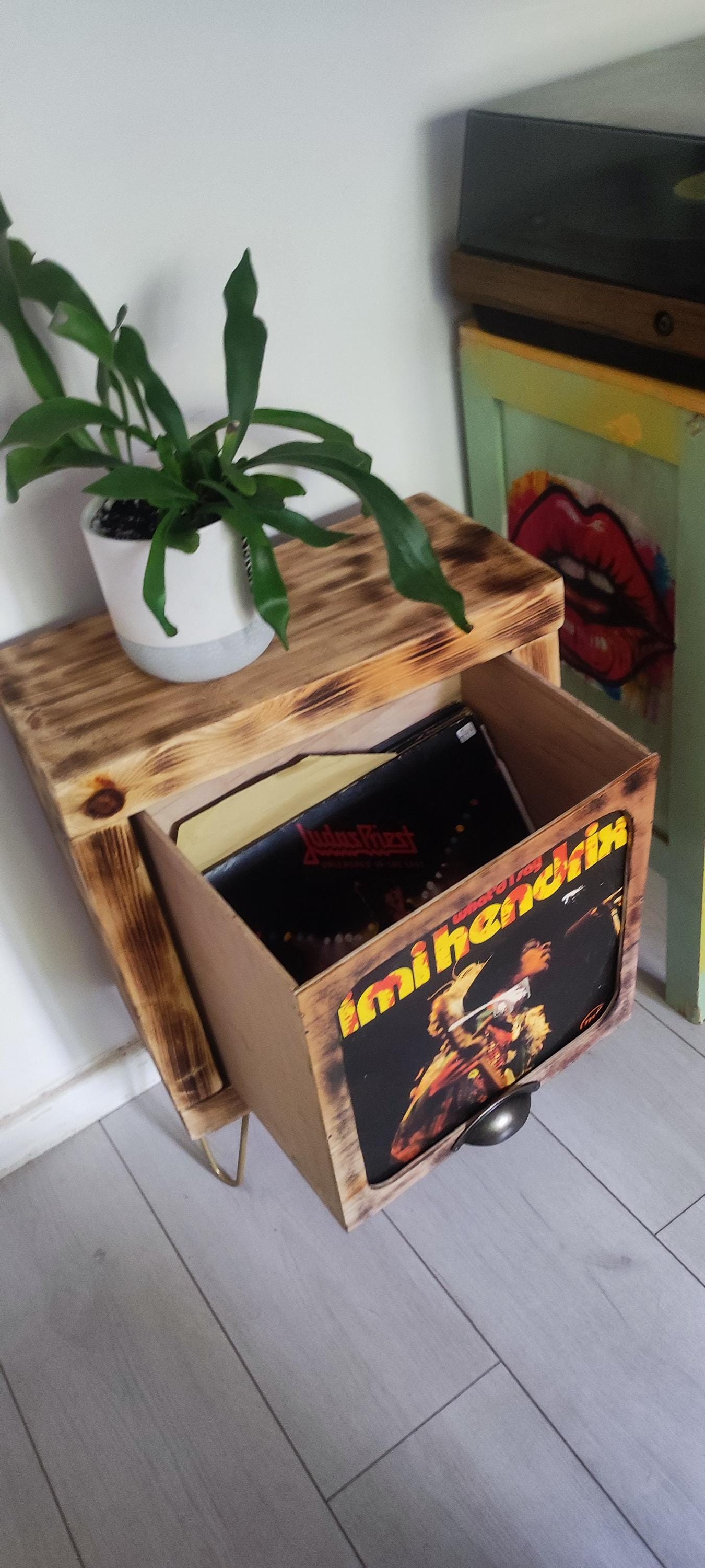 Rustic Record Stand with Storage & Shelf - Handmade Vinyl Holder w/ Presentation Window - Custom Leg Size and Color Choices