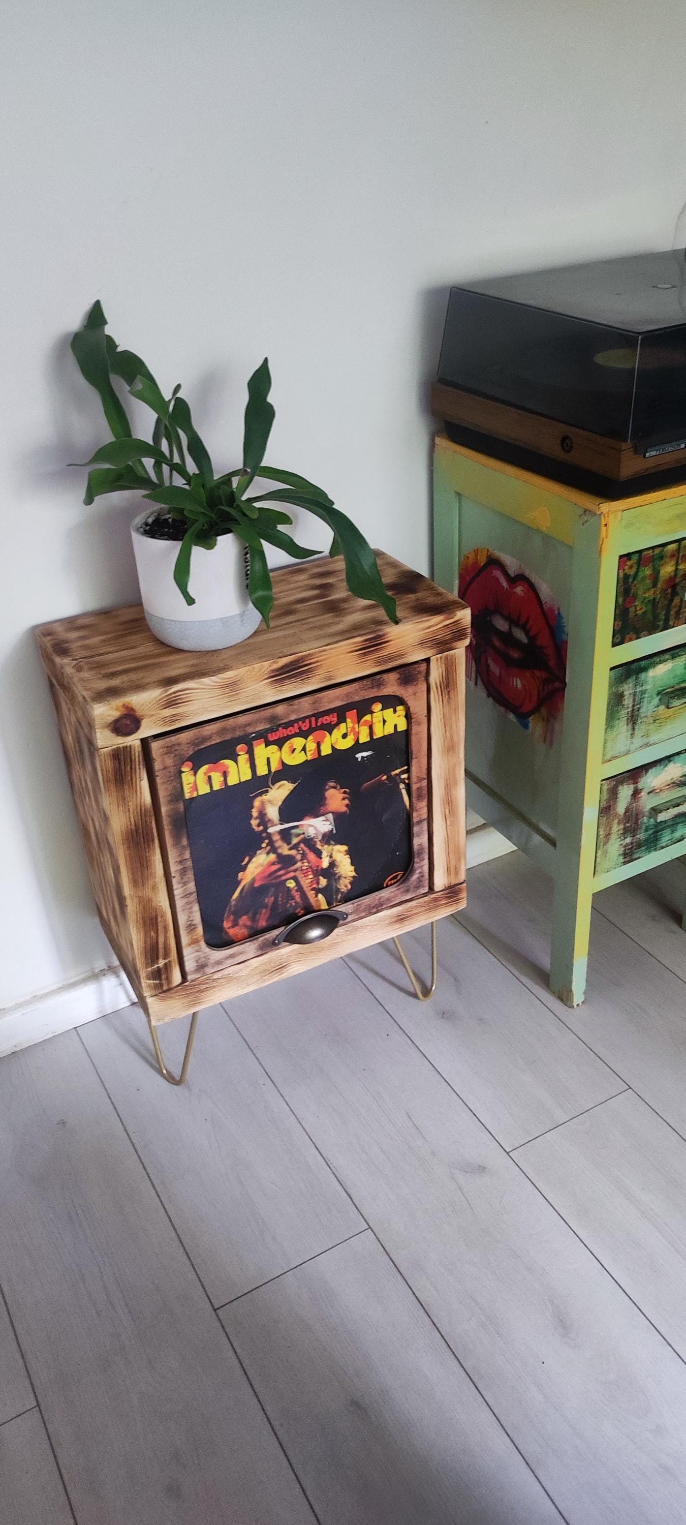 Rustic Record Stand with Storage & Shelf - Handmade Vinyl Holder w/ Presentation Window - Custom Leg Size and Color Choices