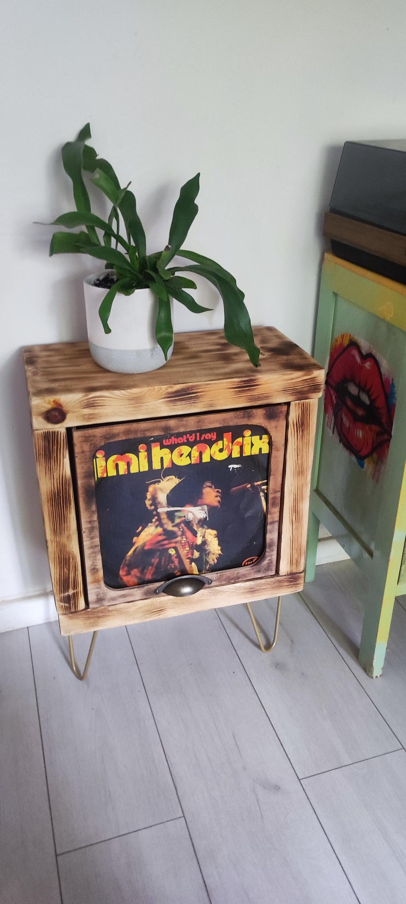 Rustic Record Stand with Storage & Shelf - Handmade Vinyl Holder w/ Presentation Window - Custom Leg Size and Color Choices