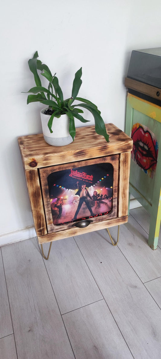 Rustic Record Stand with Storage & Shelf - Handmade Vinyl Holder w/ Presentation Window - Custom Leg Size and Color Choices