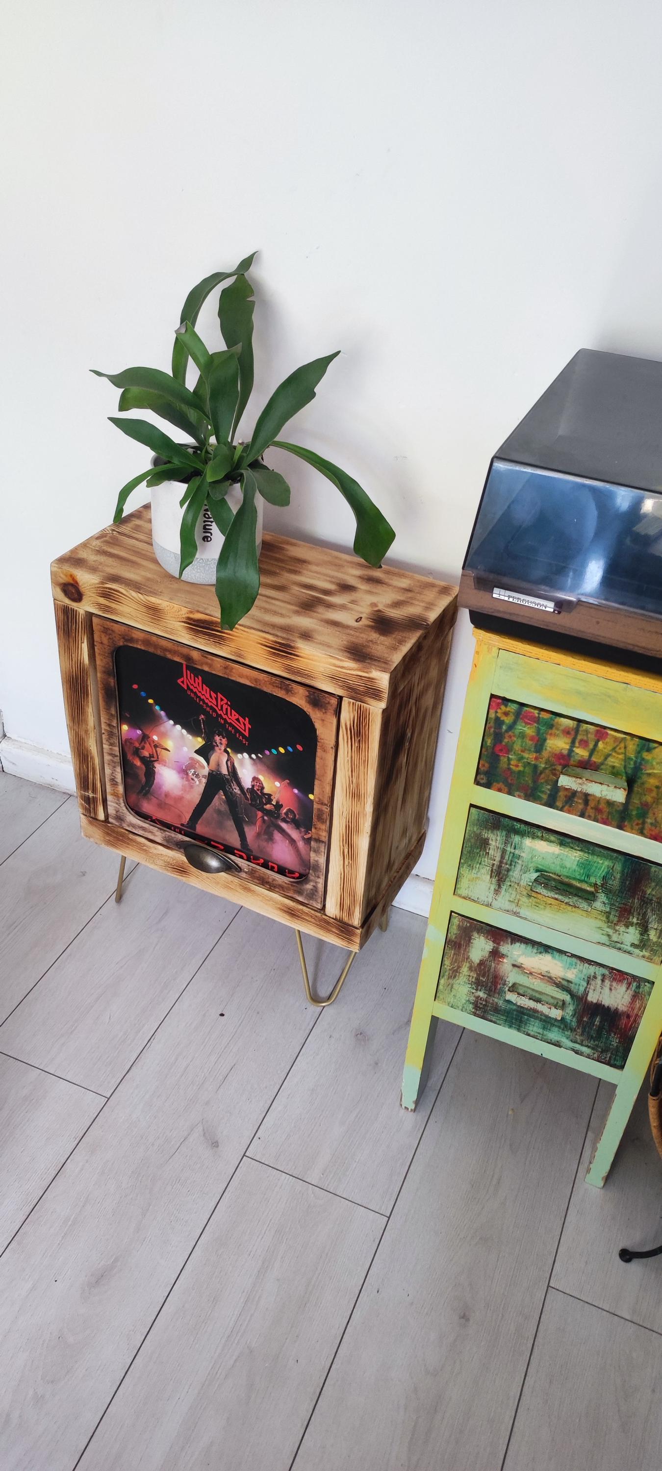 Rustic Record Stand with Storage & Shelf - Handmade Vinyl Holder w/ Presentation Window - Custom Leg Size and Color Choices