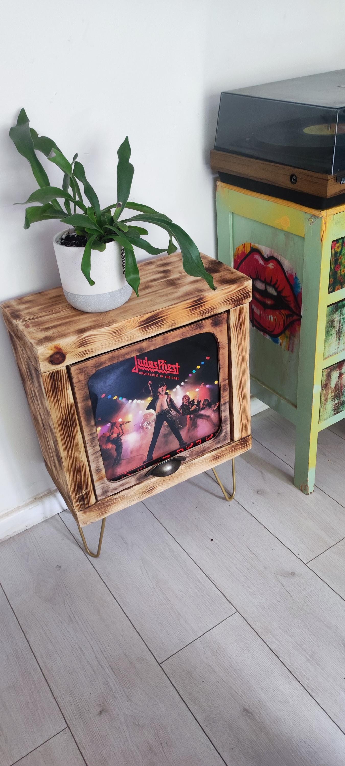 Rustic Record Stand with Storage & Shelf - Handmade Vinyl Holder w/ Presentation Window - Custom Leg Size and Color Choices