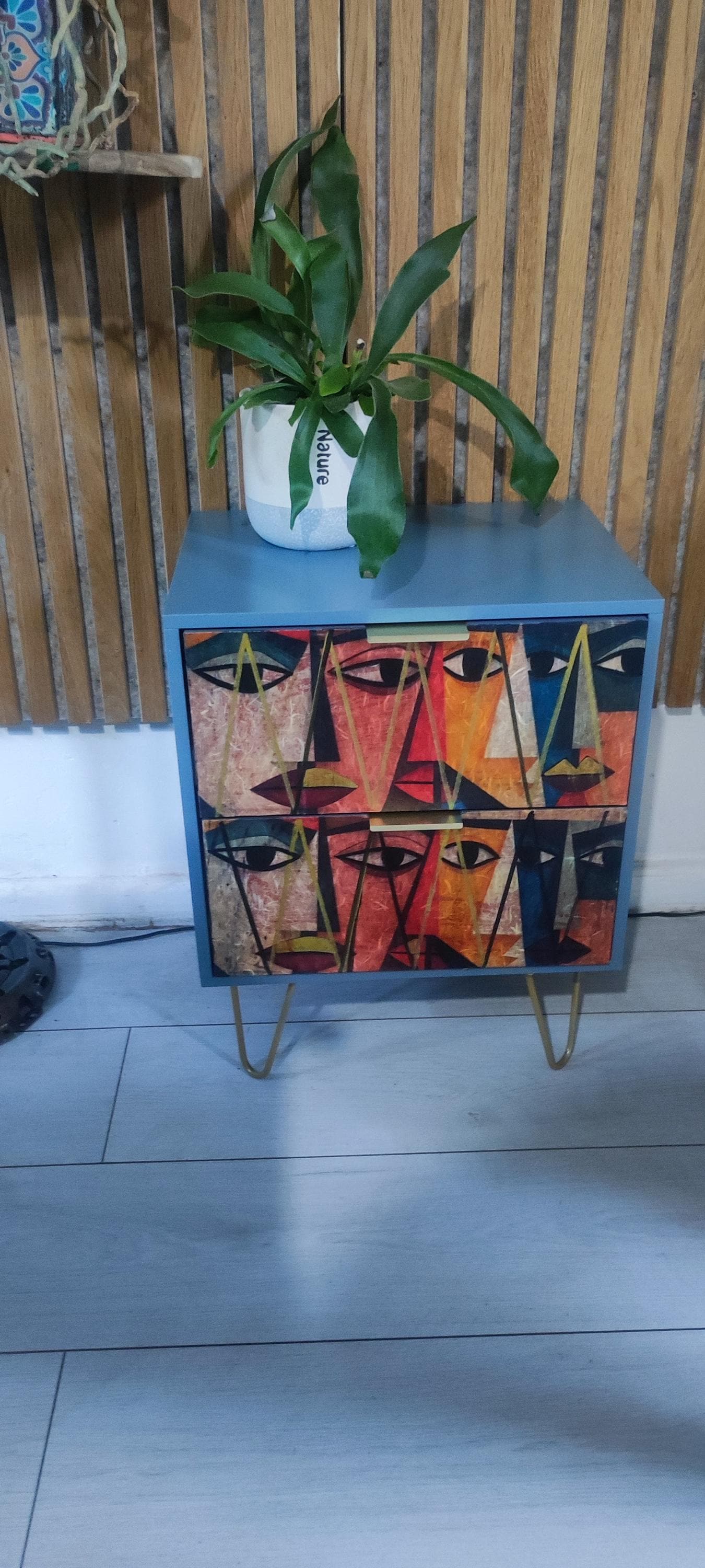 Retro Custom Bedside Table with Embossed Drawers & Gold Legs - Transform Your Bedroom Decor!