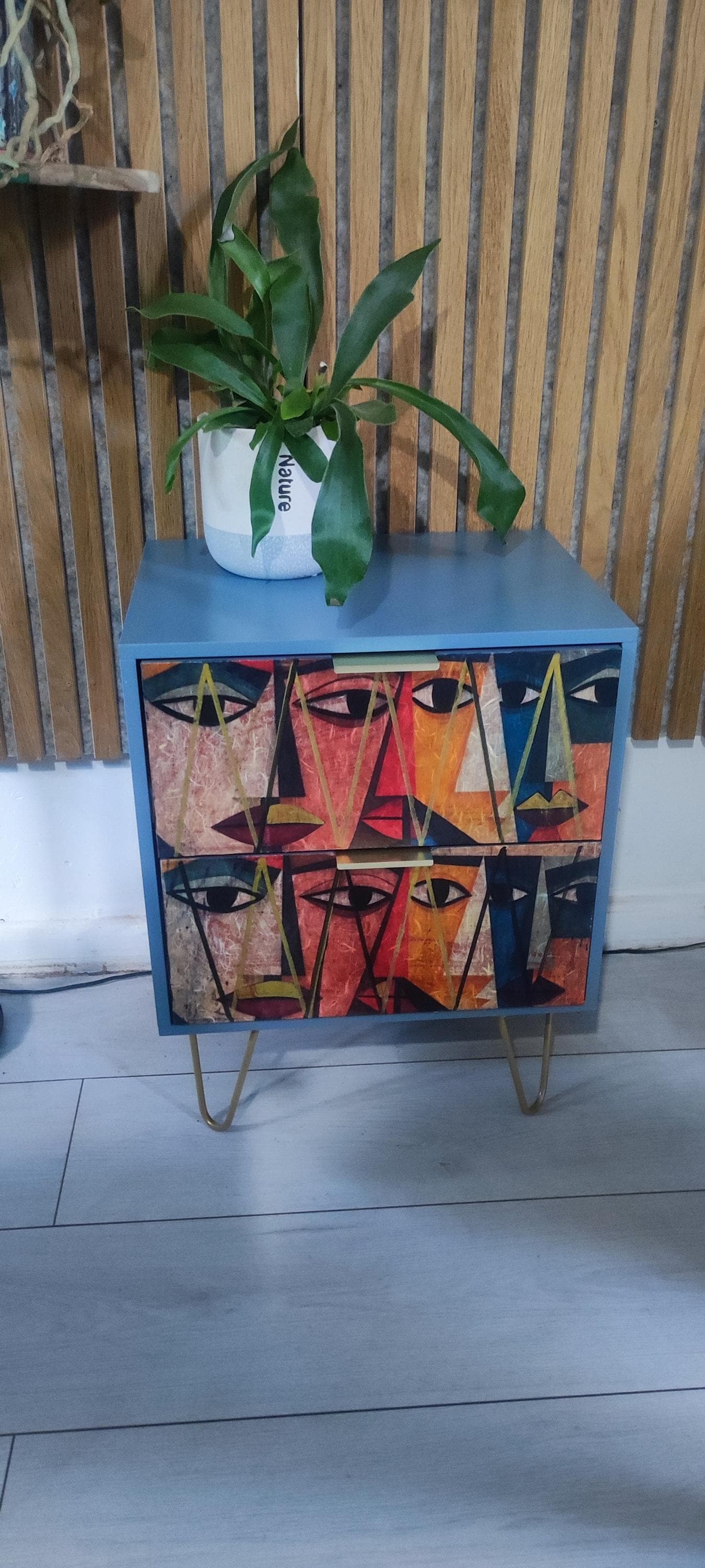 Retro Custom Bedside Table with Embossed Drawers & Gold Legs - Transform Your Bedroom Decor!