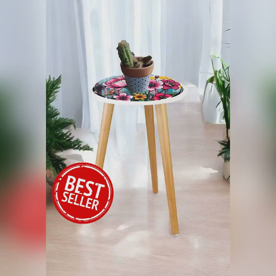Retro Planter Table with Custom Design - High-Quality Wood Stand, Water-Resistant Paint, Unique Home Decor