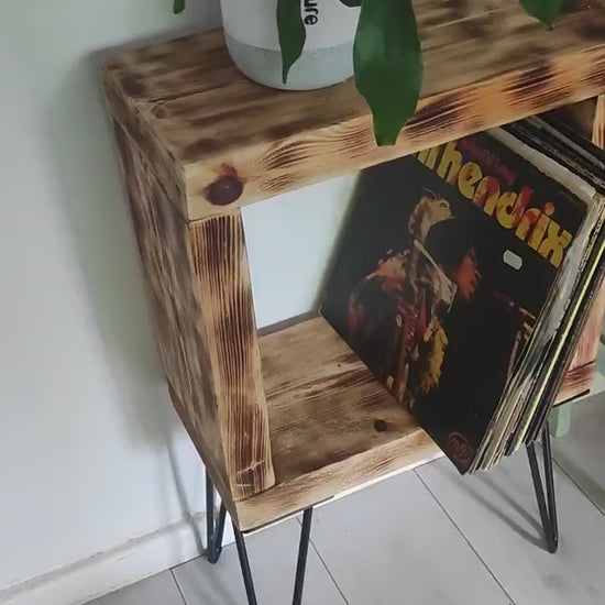 Vinyl Record Stand with Storage, Shelf, and Presentation Window - Customizable Legs - Burned Wood Design - Unique Gift for Collectors