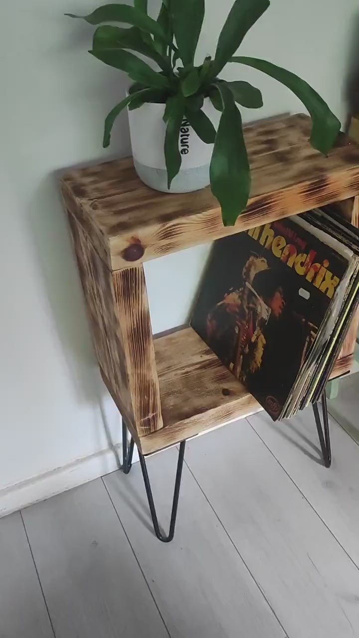 Vinyl Record Stand with Storage, Shelf, and Presentation Window - Customizable Legs - Burned Wood Design - Unique Gift for Collectors
